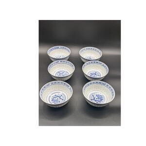 Vintage Chinese Blue/Wht Porcelain Rice Eye Grain Bowl Jingdezhen Era Set of Six